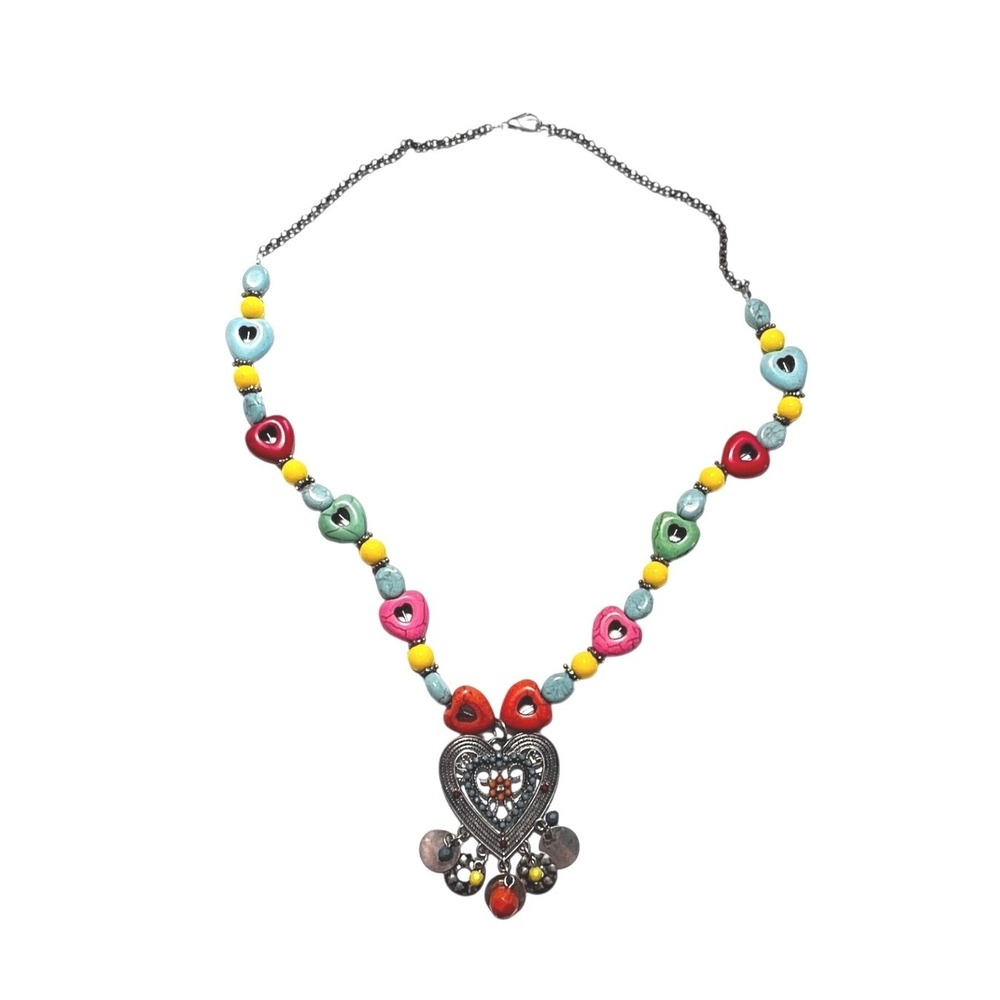 Boho Colorful Heart Statement Necklace Ornate Pendant Y2K Art Bold Vtg Inspired - Picture 2 of 5